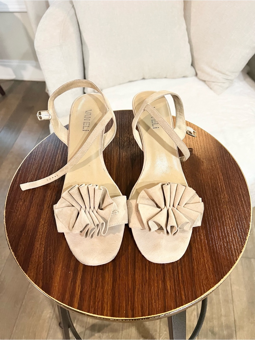 VANELi Beige Nude Suede Ruffle Ankle Strap Kitten Heel Sandals, size 10